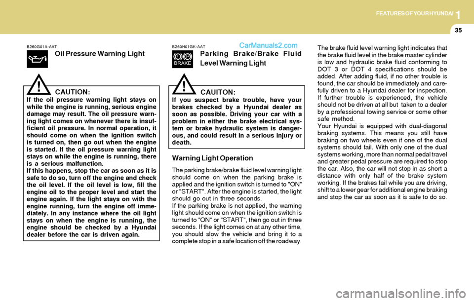 Hyundai Tiburon 2004 Service Manual 1FEATURES OF YOUR HYUNDAI
35
B260G01A-AAT
Oil Pressure Warning Light
CAUTION:
If the oil pressure warning light stays on
while the engine is running, serious engine
damage may result. The oil pressure Hyundai Tiburon 2004 Service Manual 1FEATURES OF YOUR HYUNDAI
35
B260G01A-AAT
Oil Pressure Warning Light
CAUTION:
If the oil pressure warning light stays on
while the engine is running, serious engine
damage may result. The oil pressure