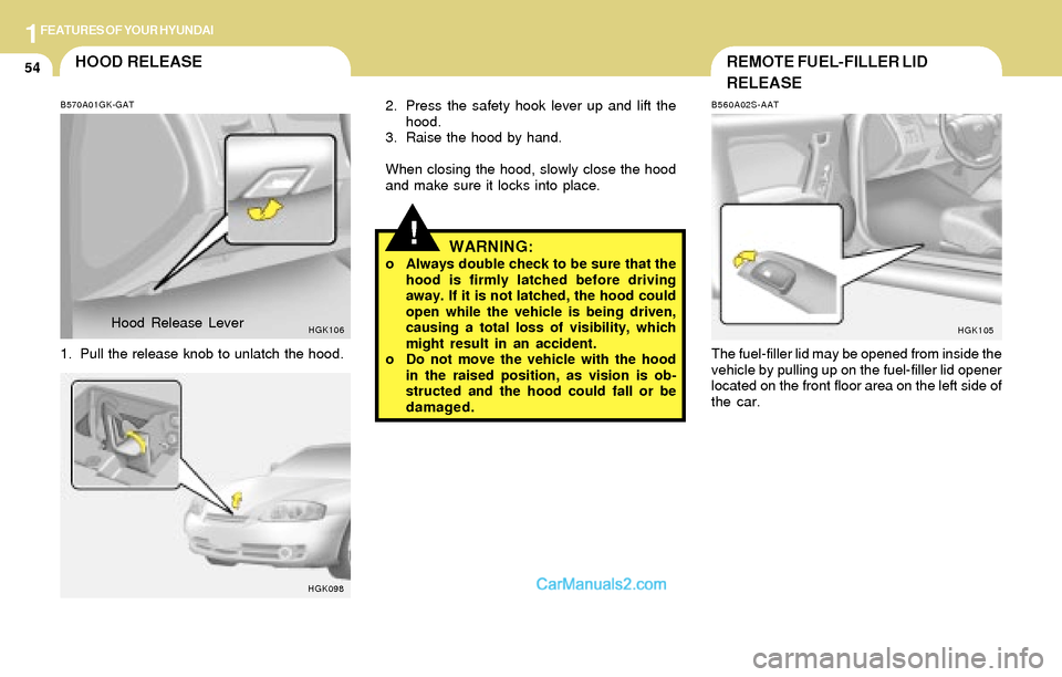 Hyundai Tiburon 2004  Owners Manual 1FEATURES OF YOUR HYUNDAI
54REMOTE FUEL-FILLER LID
RELEASE
B560A02S-AAT
The fuel-filler lid may be opened from inside the
vehicle by pulling up on the fuel-filler lid opener
located on the front floor