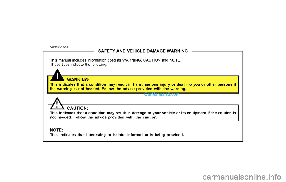 Hyundai Tiburon 2004  Owners Manual A090A01A-AAT
SAFETY AND VEHICLE DAMAGE WARNING
This manual includes information titled as WARNING, CAUTION and NOTE.
These titles indicate the following:
WARNING:This indicates that a condition may re