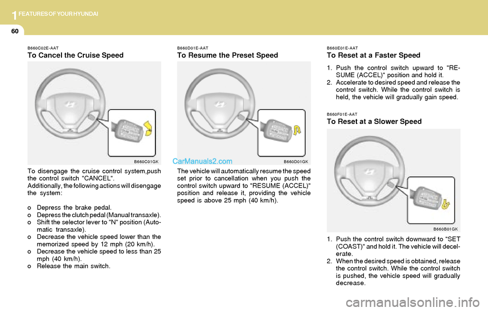 Hyundai Tiburon 2004 Manual PDF 1FEATURES OF YOUR HYUNDAI
60
B660E01E-AAT
To Reset at a Faster Speed
1. Push the control switch upward to "RE-
SUME (ACCEL)" position and hold it.
2. Accelerate to desired speed and release the
contro Hyundai Tiburon 2004 Manual PDF 1FEATURES OF YOUR HYUNDAI
60
B660E01E-AAT
To Reset at a Faster Speed
1. Push the control switch upward to "RE-
SUME (ACCEL)" position and hold it.
2. Accelerate to desired speed and release the
contro