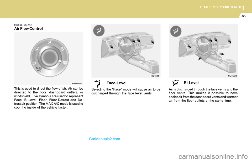 Hyundai Tiburon 2004 Manual PDF 1FEATURES OF YOUR HYUNDAI
65
B670D04GK-AAT
Air Flow Control
This is used to direct the flow of air. Air can be
directed to the floor, dashboard outlets, or
windshield. Five symbols are used to represe Hyundai Tiburon 2004 Manual PDF 1FEATURES OF YOUR HYUNDAI
65
B670D04GK-AAT
Air Flow Control
This is used to direct the flow of air. Air can be
directed to the floor, dashboard outlets, or
windshield. Five symbols are used to represe