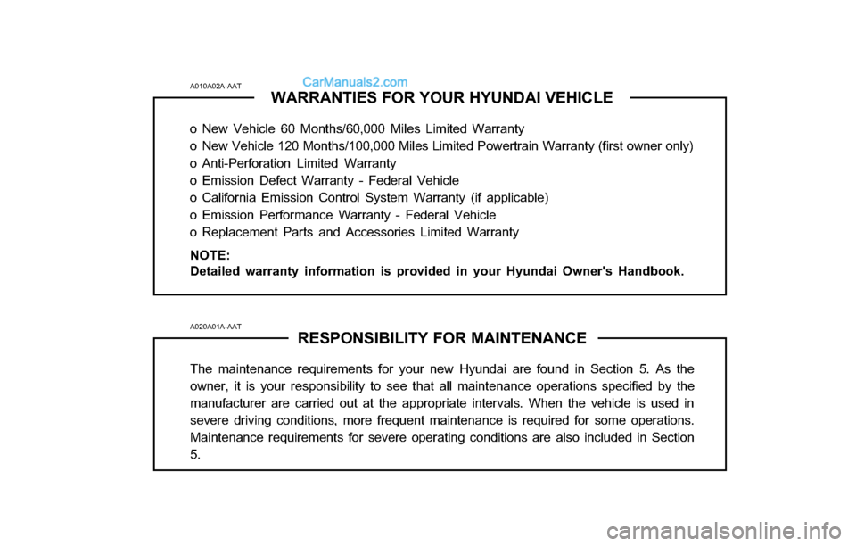Hyundai Tiburon 2003 Owners Manual A010A02A-AAT
WARRANTIES FOR YOUR HYUNDAI VEHICLE
o New Vehicle 60 Months/60,000 Miles Limited Warranty
o New Vehicle 120 Months/100,000 Miles Limited Powertrain Warranty (first owner only)
o Anti-Perf Hyundai Tiburon 2003 Owners Manual A010A02A-AAT
WARRANTIES FOR YOUR HYUNDAI VEHICLE
o New Vehicle 60 Months/60,000 Miles Limited Warranty
o New Vehicle 120 Months/100,000 Miles Limited Powertrain Warranty (first owner only)
o Anti-Perf