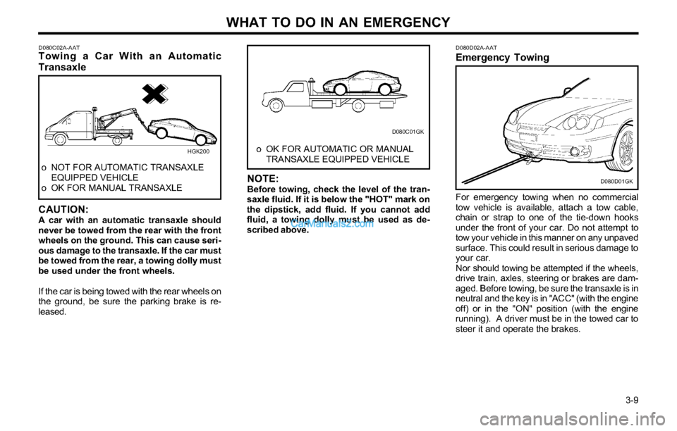 Hyundai Tiburon 2003 Owners Manual WHAT TO DO IN AN EMERGENCY
3-9
D080C02A-AATTowing a Car With an Automatic
Transaxle
o NOT FOR AUTOMATIC TRANSAXLE
EQUIPPED VEHICLE
o OK FOR MANUAL TRANSAXLE
CAUTION:A car with an automatic transax Hyundai Tiburon 2003 Owners Manual WHAT TO DO IN AN EMERGENCY
3-9
D080C02A-AATTowing a Car With an Automatic
Transaxle
o NOT FOR AUTOMATIC TRANSAXLE
EQUIPPED VEHICLE
o OK FOR MANUAL TRANSAXLE
CAUTION:A car with an automatic transax
