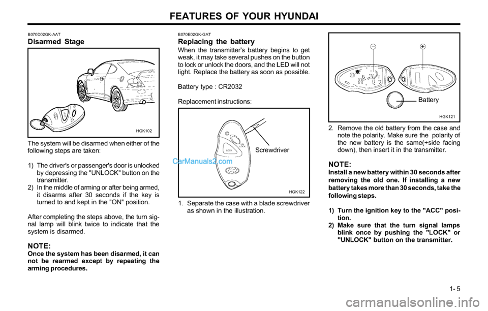 Hyundai Tiburon 2003  Owners Manual FEATURES OF YOUR HYUNDAI
1- 5
B070D02GK-AAT
Disarmed Stage
The system will be disarmed when either of the
following steps are taken:
1) The drivers or passengers door is unlocked
by depressing the "