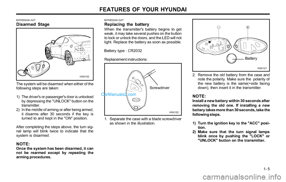 Hyundai Tiburon 2003 User Guide FEATURES OF YOUR HYUNDAI
1- 5
B070D02GK-AAT
Disarmed Stage
The system will be disarmed when either of the
following steps are taken:
1) The drivers or passengers door is unlocked
by depressing the " Hyundai Tiburon 2003 User Guide FEATURES OF YOUR HYUNDAI
1- 5
B070D02GK-AAT
Disarmed Stage
The system will be disarmed when either of the
following steps are taken:
1) The drivers or passengers door is unlocked
by depressing the "