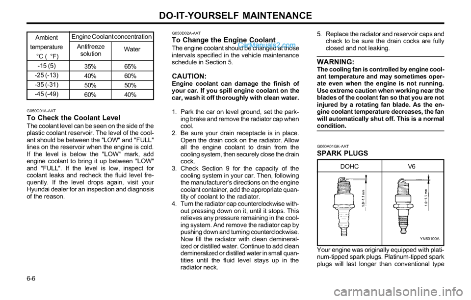 Hyundai Tiburon 2003 Owners Manual DO-IT-YOURSELF MAINTENANCE
6-6
35% 65%
40% 60%
50% 50%
60% 40%
Ambient
temperature
°C ( °F)
-15 (5)
-25 (-13)
-35 (-31)
-45 (-49)
Antifreeze
solutionWater Engine Coolant concentration
G050C01A-AAT Hyundai Tiburon 2003 Owners Manual DO-IT-YOURSELF MAINTENANCE
6-6
35% 65%
40% 60%
50% 50%
60% 40%
Ambient
temperature
°C ( °F)
-15 (5)
-25 (-13)
-35 (-31)
-45 (-49)
Antifreeze
solutionWater Engine Coolant concentration
G050C01A-AAT