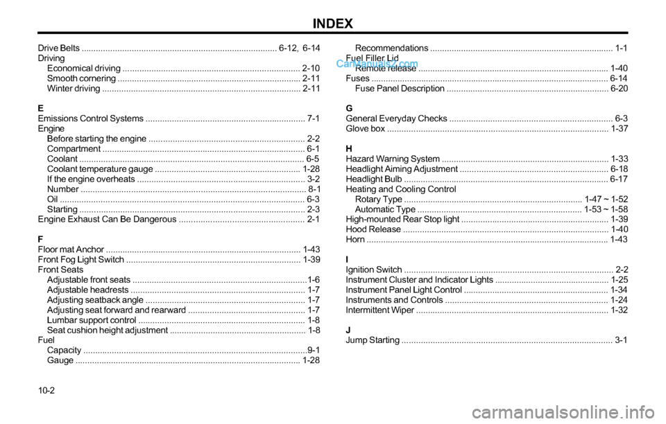 Hyundai Tiburon 2003 Owners Manual INDEX
10-2Drive Belts .................................................................................. 6-12, 6-14
Driving
Economical driving ........................................................ Hyundai Tiburon 2003 Owners Manual INDEX
10-2Drive Belts .................................................................................. 6-12, 6-14
Driving
Economical driving ........................................................
