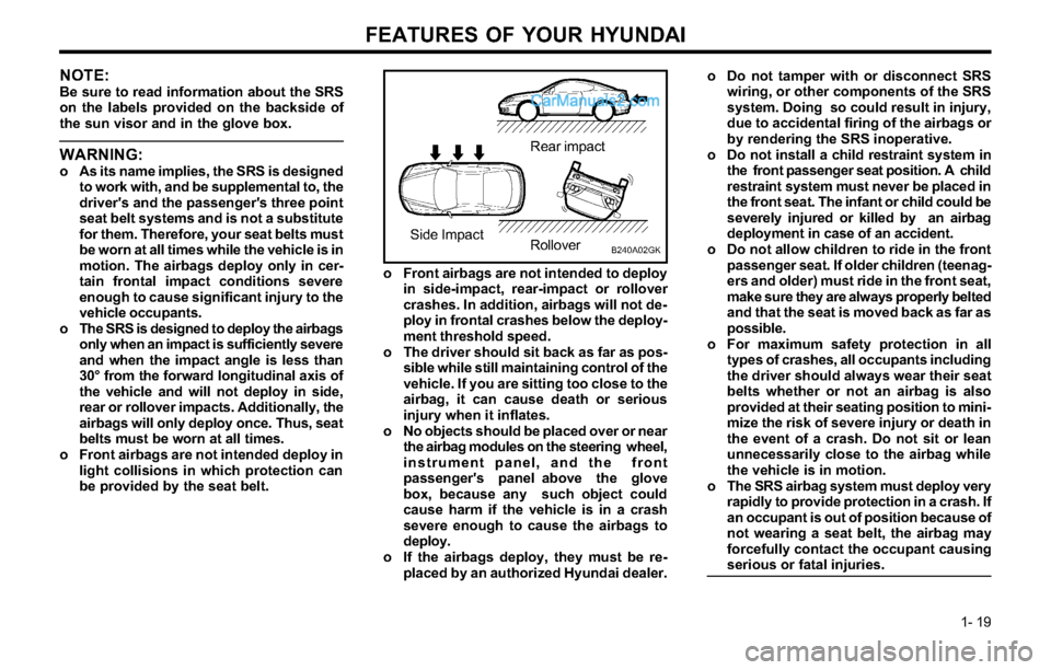 Hyundai Tiburon 2003 Owners Guide FEATURES OF YOUR HYUNDAI
1- 19
NOTE:Be sure to read information about the SRS
on the labels provided on the backside of
the sun visor and in the glove box.
WARNING:o As its name implies, the SRS is de Hyundai Tiburon 2003 Owners Guide FEATURES OF YOUR HYUNDAI
1- 19
NOTE:Be sure to read information about the SRS
on the labels provided on the backside of
the sun visor and in the glove box.
WARNING:o As its name implies, the SRS is de