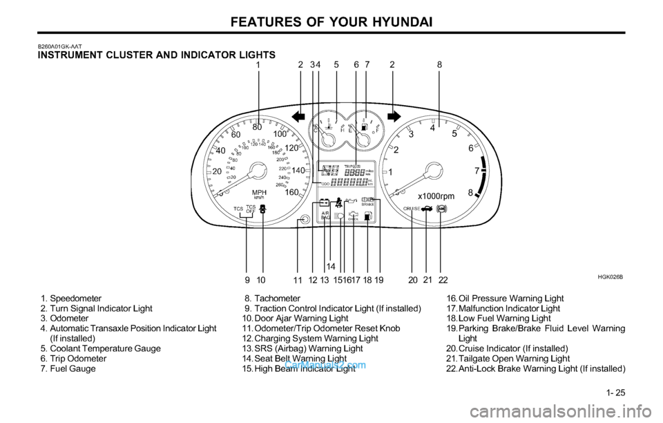 Hyundai Tiburon 2003  Owners Manual FEATURES OF YOUR HYUNDAI
1- 25
HGK026B B260A01GK-AAT
INSTRUMENT CLUSTER AND INDICATOR LIGHTS1234 5 678
910
1112 1314
151617 18 19 2021
 1. Speedometer
  2. Turn Signal Indicator Light
 3. Odometer
  4
