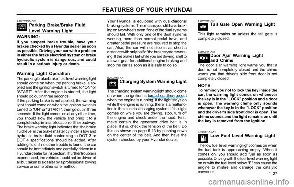 Hyundai Tiburon 2003  Owners Manual FEATURES OF YOUR HYUNDAI
1- 27
B260M01A-AATLow Fuel Level Warning Light
The low fuel level warning light comes on when
the fuel tank is approaching empty. When it
comes on, you should add fuel as soon