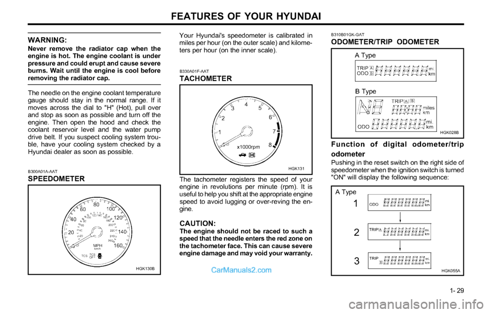 Hyundai Tiburon 2003  Owners Manual FEATURES OF YOUR HYUNDAI
1- 29
B300A01A-AAT
SPEEDOMETER
HGK130B
Your Hyundais speedometer is calibrated in
miles per hour (on the outer scale) and kilome-
ters per hour (on the inner scale).
B330A01F