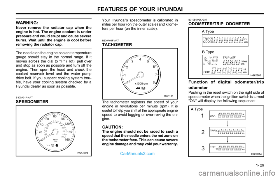 Hyundai Tiburon 2003 Owners Guide FEATURES OF YOUR HYUNDAI
1- 29
B300A01A-AAT
SPEEDOMETER
HGK130B
Your Hyundais speedometer is calibrated in
miles per hour (on the outer scale) and kilome-
ters per hour (on the inner scale).
B330A01F Hyundai Tiburon 2003 Owners Guide FEATURES OF YOUR HYUNDAI
1- 29
B300A01A-AAT
SPEEDOMETER
HGK130B
Your Hyundais speedometer is calibrated in
miles per hour (on the outer scale) and kilome-
ters per hour (on the inner scale).
B330A01F