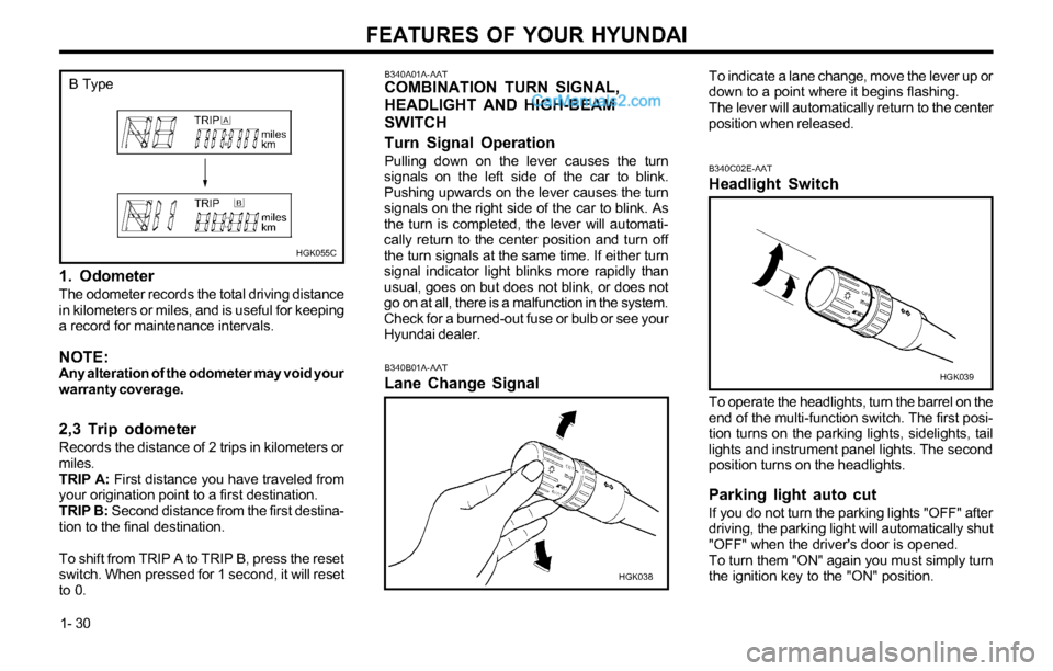 Hyundai Tiburon 2003 Owners Guide FEATURES OF YOUR HYUNDAI
1- 30
B340A01A-AATCOMBINATION TURN SIGNAL,
HEADLIGHT AND HIGH-BEAM
SWITCH
Turn Signal Operation
Pulling down on the lever causes the turn
signals on the left side of the car t Hyundai Tiburon 2003 Owners Guide FEATURES OF YOUR HYUNDAI
1- 30
B340A01A-AATCOMBINATION TURN SIGNAL,
HEADLIGHT AND HIGH-BEAM
SWITCH
Turn Signal Operation
Pulling down on the lever causes the turn
signals on the left side of the car t