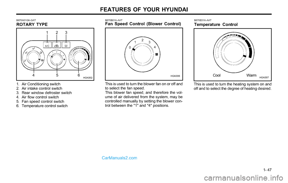 Hyundai Tiburon 2003 Workshop Manual FEATURES OF YOUR HYUNDAI
1- 47
HGK002 B670A01GK-GAT
ROTARY TYPE
This is used to turn the heating system on and
off and to select the degree of heating desired.
B670E01A-AAT
Temperature Control
Cool
Wa Hyundai Tiburon 2003 Workshop Manual FEATURES OF YOUR HYUNDAI
1- 47
HGK002 B670A01GK-GAT
ROTARY TYPE
This is used to turn the heating system on and
off and to select the degree of heating desired.
B670E01A-AAT
Temperature Control
Cool
Wa