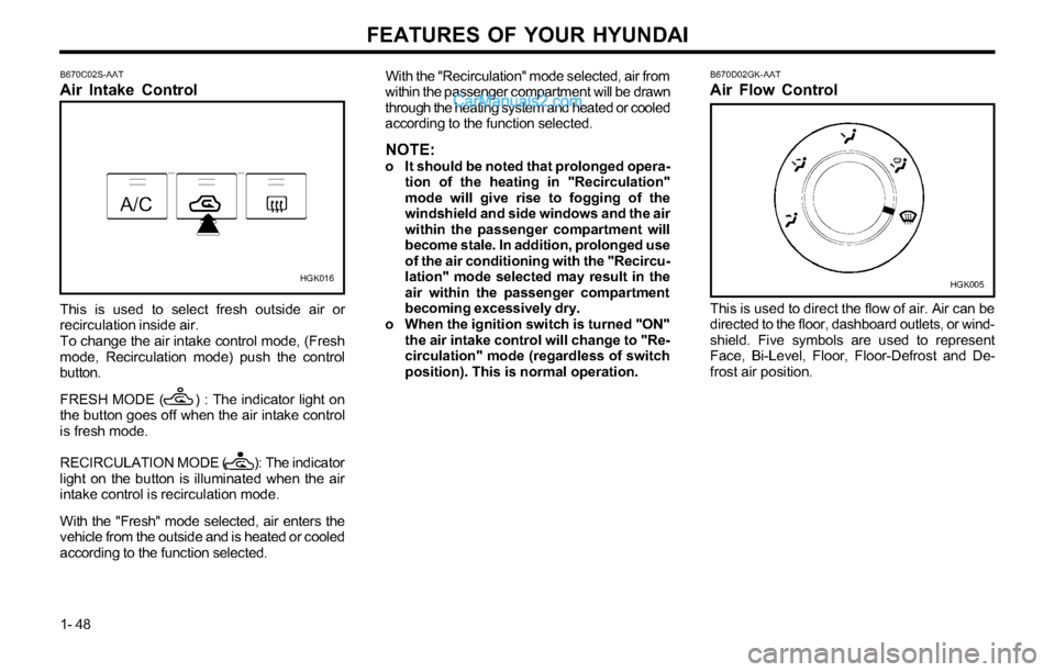 Hyundai Tiburon 2003 Workshop Manual FEATURES OF YOUR HYUNDAI
1- 48
HGK016B670D02GK-AAT
Air Flow Control
This is used to direct the flow of air. Air can be
directed to the floor, dashboard outlets, or wind-
shield. Five symbols are used Hyundai Tiburon 2003 Workshop Manual FEATURES OF YOUR HYUNDAI
1- 48
HGK016B670D02GK-AAT
Air Flow Control
This is used to direct the flow of air. Air can be
directed to the floor, dashboard outlets, or wind-
shield. Five symbols are used