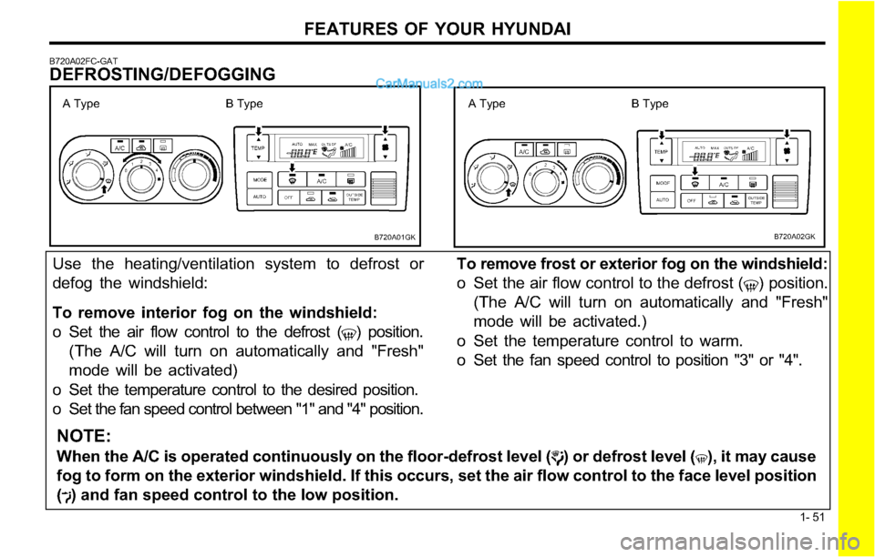 Hyundai Tiburon 2003 Workshop Manual FEATURES OF YOUR HYUNDAI
1- 51
NOTE:
When the A/C is operated continuously on the floor-defrost level () or defrost level (), it may cause
fog to form on the exterior windshield. If this occurs, set t Hyundai Tiburon 2003 Workshop Manual FEATURES OF YOUR HYUNDAI
1- 51
NOTE:
When the A/C is operated continuously on the floor-defrost level () or defrost level (), it may cause
fog to form on the exterior windshield. If this occurs, set t