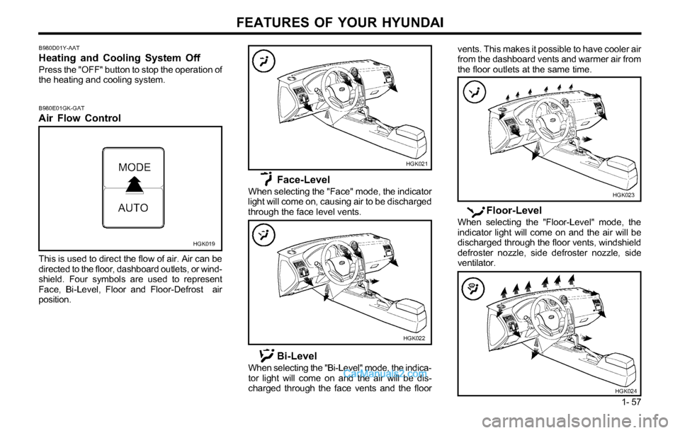 Hyundai Tiburon 2003 Repair Manual FEATURES OF YOUR HYUNDAI
1- 57 This is used to direct the flow of air. Air can be
directed to the floor, dashboard outlets, or wind-
shield. Four symbols are used to represent
Face, Bi-Level, Floor an Hyundai Tiburon 2003 Repair Manual FEATURES OF YOUR HYUNDAI
1- 57 This is used to direct the flow of air. Air can be
directed to the floor, dashboard outlets, or wind-
shield. Four symbols are used to represent
Face, Bi-Level, Floor an