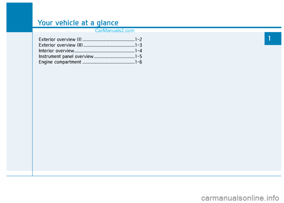 Hyundai Tucson 2020 - RHD (UK, Australia) User Guide Your vehicle at a glance
1
Your vehicle at a glance
1Exterior overview (I) .............................................1-2
Exterior overview (II) ............................................1-3
Inter Hyundai Tucson 2020 - RHD (UK, Australia) User Guide Your vehicle at a glance
1
Your vehicle at a glance
1Exterior overview (I) .............................................1-2
Exterior overview (II) ............................................1-3
Inter
