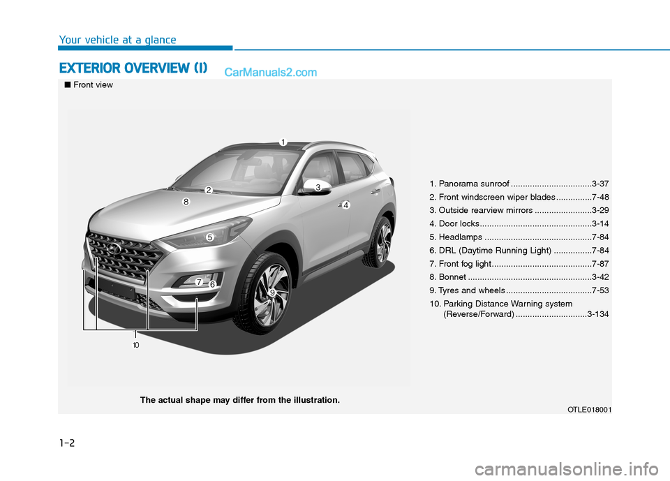 Hyundai Tucson 2020 - RHD (UK, Australia) User Guide 1-2
E EX
XT
TE
ER
RI
IO
OR
R
O
OV
VE
ER
RV
VI
IE
EW
W
(
(I
I)
)
Your vehicle at a glance
1. Panorama sunroof ..................................3-37
2. Front windscreen wiper blades ............... Hyundai Tucson 2020 - RHD (UK, Australia) User Guide 1-2
E EX
XT
TE
ER
RI
IO
OR
R
O
OV
VE
ER
RV
VI
IE
EW
W
(
(I
I)
)
Your vehicle at a glance
1. Panorama sunroof ..................................3-37
2. Front windscreen wiper blades ...............