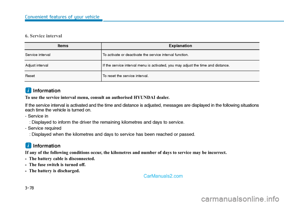 Hyundai Tucson 2020 Owners Manual - RHD (UK, Australia) 3-78
Convenient features of your vehicle
ItemsExplanation
Service intervalTo activate or deactivate the service interval function.
Adjust intervalIf the service interval menu is activated, you may adj Hyundai Tucson 2020 Owners Manual - RHD (UK, Australia) 3-78
Convenient features of your vehicle
ItemsExplanation
Service intervalTo activate or deactivate the service interval function.
Adjust intervalIf the service interval menu is activated, you may adj
