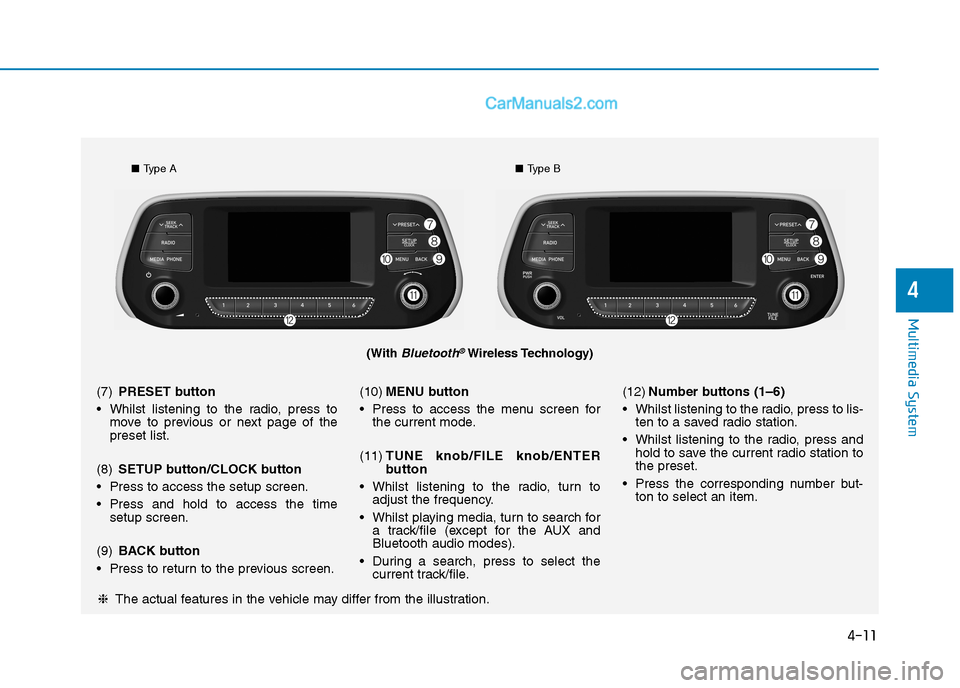 Hyundai Tucson 2020  Owners Manual - RHD (UK, Australia) 4-11
Multimedia System
4
(With Bluetooth®Wireless Technology)
■Type A■Type B
❈The actual features in the vehicle may differ from the illustration. (7)PRESET button
 Whilst listening to the radi