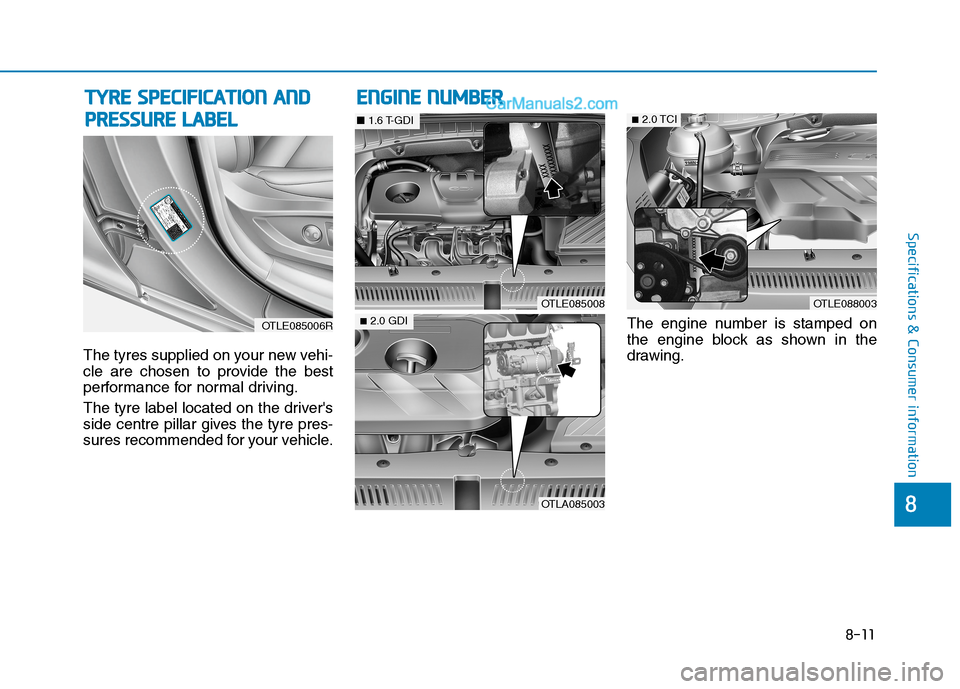 Hyundai Tucson 2020  Owners Manual - RHD (UK, Australia) 8-11
8
Specifications & Consumer information
The tyres supplied on your new vehi-
cle are chosen to provide the best
performance for normal driving.
The tyre label located on the drivers
side centre 