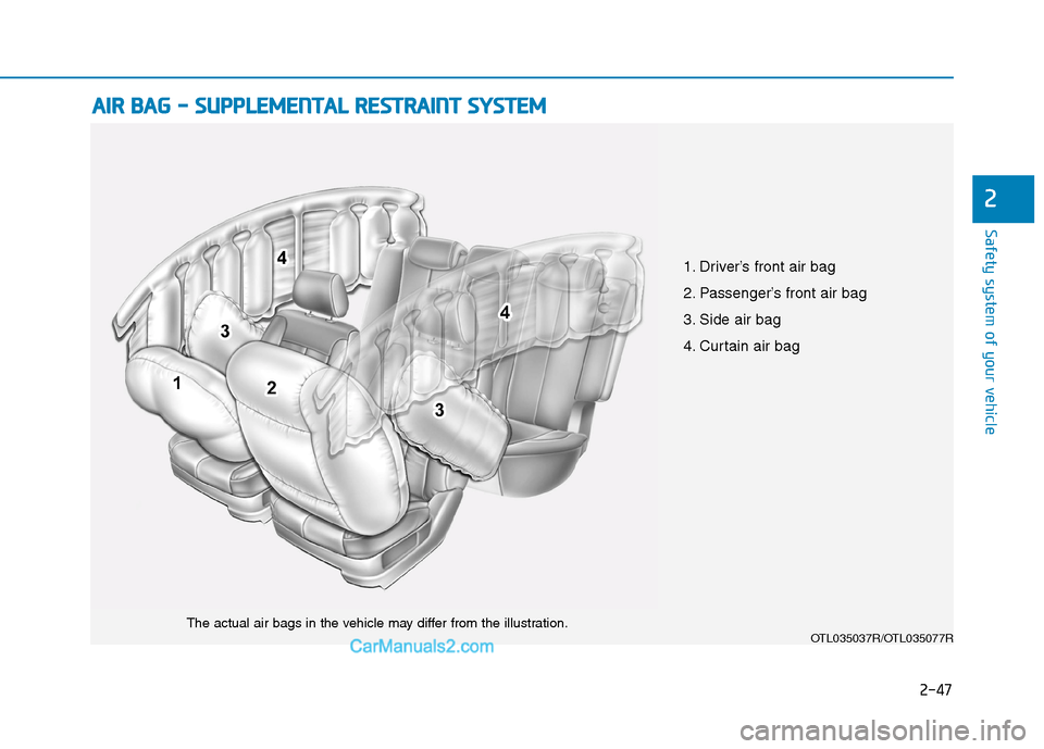 Hyundai Tucson 2020 - RHD (UK, Australia) Repair Manual 2-47
Safety system of your vehicle
A AI
IR
R
B
BA
AG
G
-
-
S
SU
UP
PP
PL
LE
EM
ME
EN
NT
TA
AL
L
R
RE
ES
ST
TR
RA
AI
IN
NT
T
S
SY
YS
ST
TE
EM
M
2
OTL035037R/OTL035077RThe actual air bag Hyundai Tucson 2020 - RHD (UK, Australia) Repair Manual 2-47
Safety system of your vehicle
A AI
IR
R
B
BA
AG
G
-
-
S
SU
UP
PP
PL
LE
EM
ME
EN
NT
TA
AL
L
R
RE
ES
ST
TR
RA
AI
IN
NT
T
S
SY
YS
ST
TE
EM
M
2
OTL035037R/OTL035077RThe actual air bag