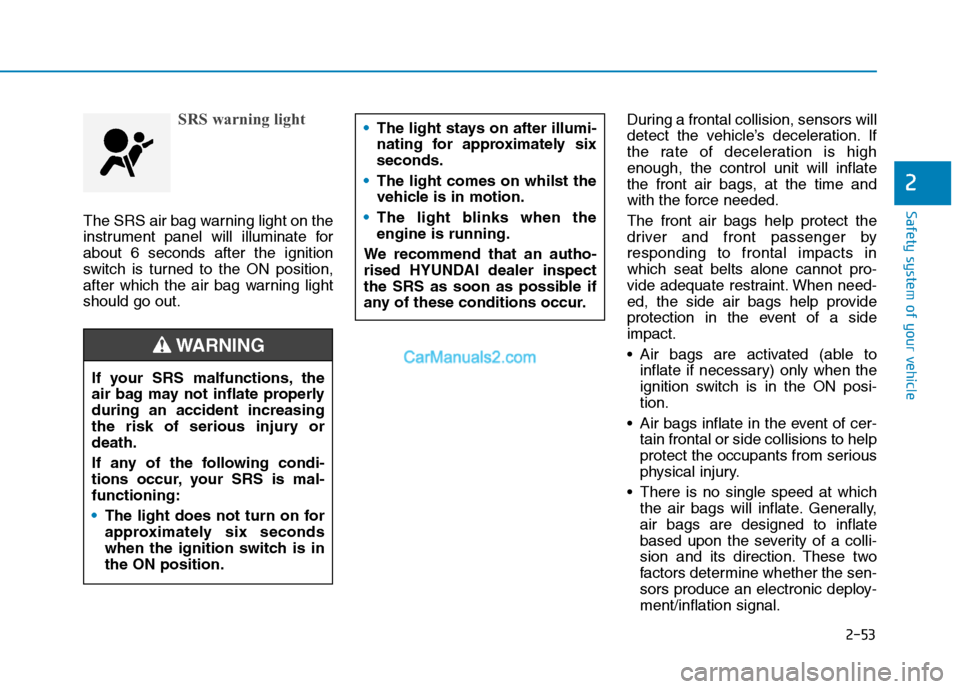 Hyundai Tucson 2020 - RHD (UK, Australia) Manual PDF 2-53
Safety system of your vehicle
2
SRS warning light
The SRS air bag warning light on the
instrument panel will illuminate for
about 6 seconds after the ignition
switch is turned to the ON position, Hyundai Tucson 2020 - RHD (UK, Australia) Manual PDF 2-53
Safety system of your vehicle
2
SRS warning light
The SRS air bag warning light on the
instrument panel will illuminate for
about 6 seconds after the ignition
switch is turned to the ON position,
