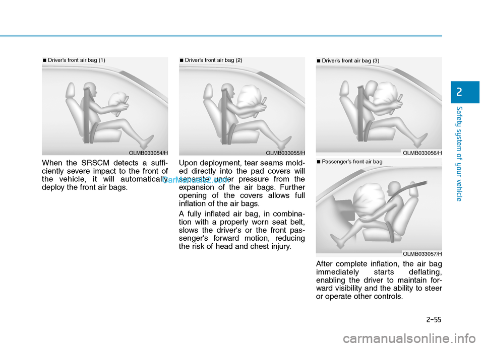 Hyundai Tucson 2020 - RHD (UK, Australia) Manual PDF 2-55
Safety system of your vehicle
2
When the SRSCM detects a suffi-
ciently severe impact to the front of
the vehicle, it will automatically
deploy the front air bags.Upon deployment, tear seams mold Hyundai Tucson 2020 - RHD (UK, Australia) Manual PDF 2-55
Safety system of your vehicle
2
When the SRSCM detects a suffi-
ciently severe impact to the front of
the vehicle, it will automatically
deploy the front air bags.Upon deployment, tear seams mold