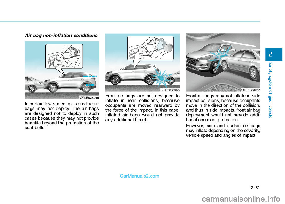 Hyundai Tucson 2020 - RHD (UK, Australia) Manual Online 2-61
Safety system of your vehicle
2
Air bag non-inflation conditions
In certain low-speed collisions the air
bags may not deploy. The air bags
are designed not to deploy in such
cases because they m Hyundai Tucson 2020 - RHD (UK, Australia) Manual Online 2-61
Safety system of your vehicle
2
Air bag non-inflation conditions
In certain low-speed collisions the air
bags may not deploy. The air bags
are designed not to deploy in such
cases because they m