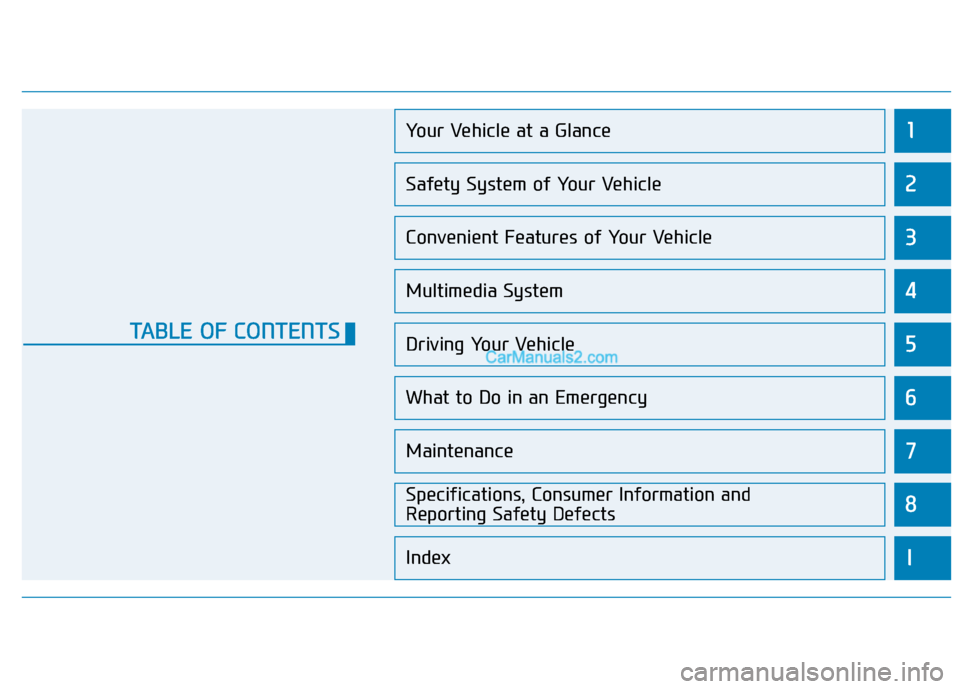 Hyundai Tucson 2019  Owners Manual 1
2
3
4
5
6
7
8
I
Your Vehicle at a Glance
Safety System of Your Vehicle
Convenient Features of Your Vehicle
Multimedia System
Driving Your Vehicle
What to Do in an Emergency
Maintenance
Specification