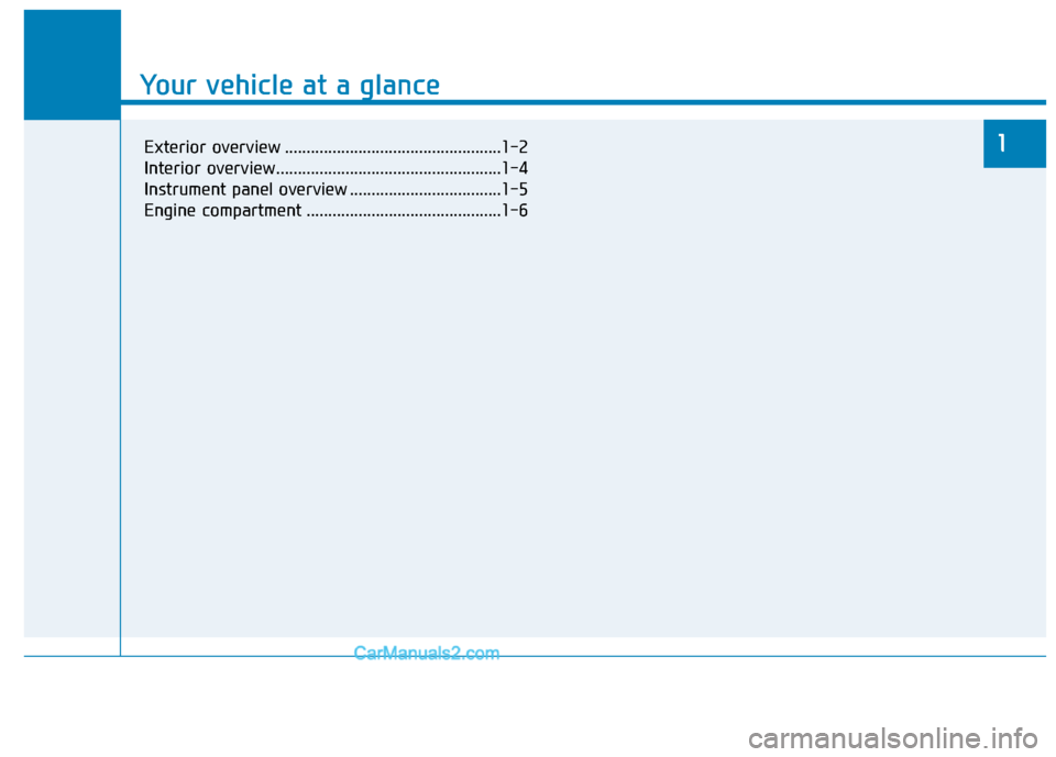 Hyundai Tucson 2019  Owners Manual Your vehicle at a glance
1
Your vehicle at a glance
Exterior overview ..................................................1-2
Interior overview ....................................................1-4
In
