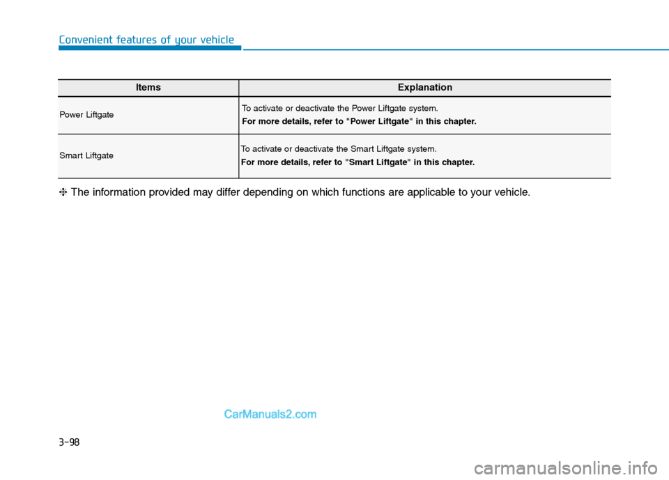 Hyundai Tucson 2019 Owners Manual 3-98
Convenient features of your vehicle
ItemsExplanation
Power LiftgateTo activate or deactivate the Power Liftgate system.
For more details, refer to "Power Liftgate" in this chapter.
Smart Liftgate Hyundai Tucson 2019 Owners Manual 3-98
Convenient features of your vehicle
ItemsExplanation
Power LiftgateTo activate or deactivate the Power Liftgate system.
For more details, refer to "Power Liftgate" in this chapter.
Smart Liftgate