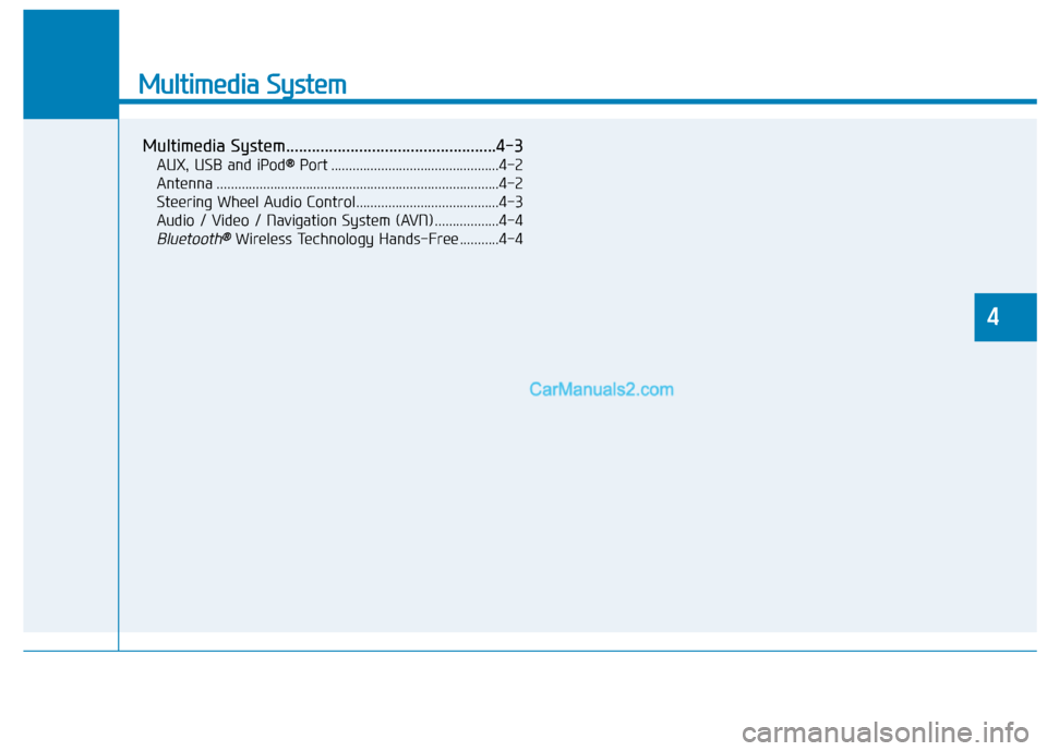 Hyundai Tucson 2019  Owners Manual Multimedia System
Multimedia System.................................................4-3
AUX, USB and iPod® ®Port ...............................................4-2
Antenna ..........................