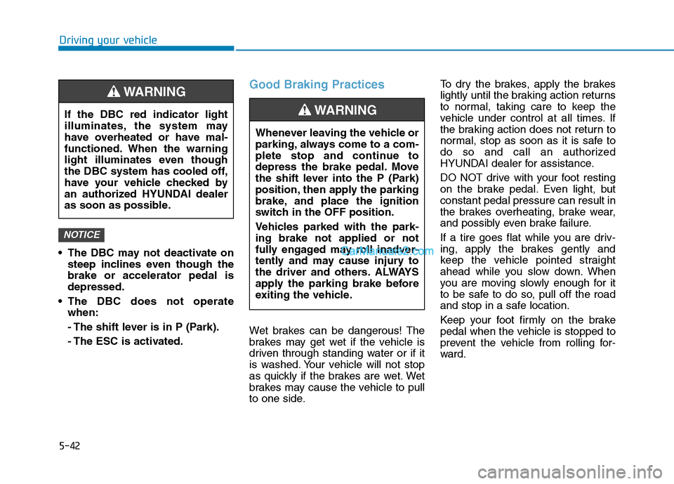 Hyundai Tucson 2019  Owners Manual 5-42
Driving your vehicle
 The DBC may not deactivate on
steep inclines even though the
brake or accelerator pedal is
depressed.
 The DBC does not operate
when:
- The shift lever is in P (Park).
- The