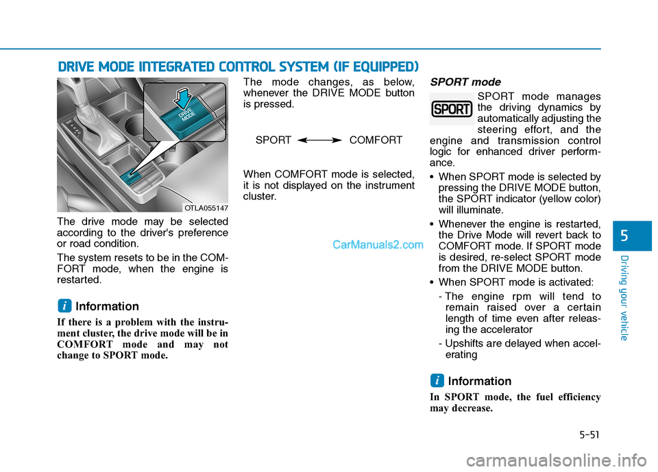 Hyundai Tucson 2019 Owners Manual 5-51
Driving your vehicle
5
The drive mode may be selected
according to the drivers preference
or road condition.
The system resets to be in the COM-
FORT mode, when the engine is
restarted.
Informat Hyundai Tucson 2019 Owners Manual 5-51
Driving your vehicle
5
The drive mode may be selected
according to the drivers preference
or road condition.
The system resets to be in the COM-
FORT mode, when the engine is
restarted.
Informat