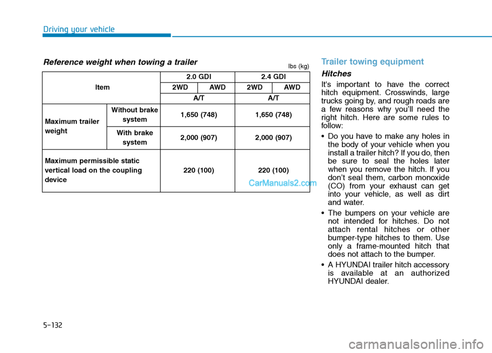 Hyundai Tucson 2019  Owners Manual 5-132
Driving your vehicle
Trailer towing equipment
Hitches 
Its important to have the correct
hitch equipment. Crosswinds, large
trucks going by, and rough roads are
a few reasons why you’ll need 