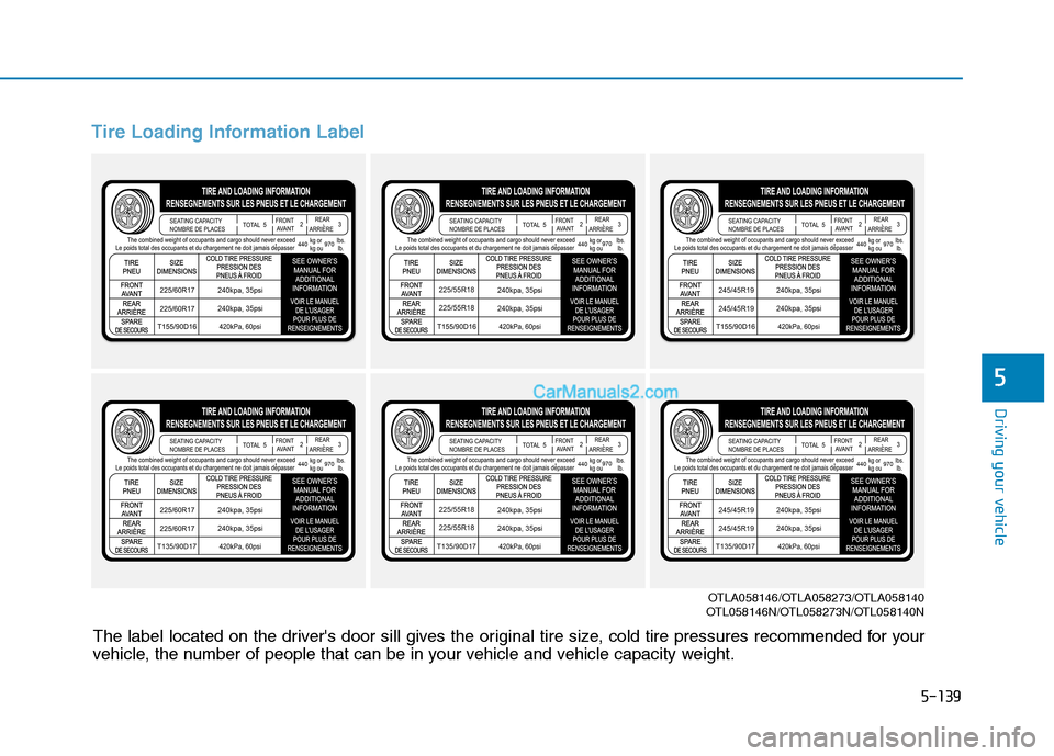 Hyundai Tucson 2019  Owners Manual 5-139
Driving your vehicle
5
Tire Loading Information Label
OTLA058146/OTLA058273/OTLA058140
OTL058146N/OTL058273N/OTL058140N
The label located on the drivers door sill gives the original tire size, 