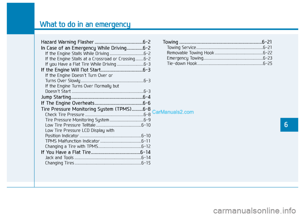 Hyundai Tucson 2019  Owners Manual What to do in an emergency
6
Hazard Warning Flasher .......................................6-2
In Case of an Emergency While Driving.............6-2
If the Engine Stalls While Driving ................