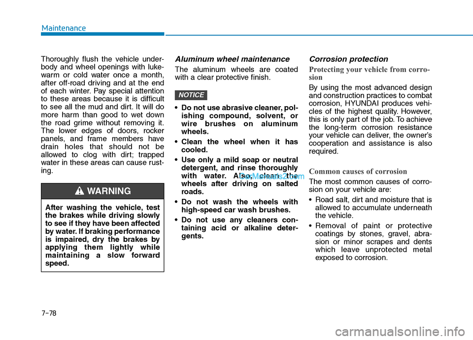 Hyundai Tucson 2019 Owners Guide 7-78
Maintenance
Thoroughly flush the vehicle under-
body and wheel openings with luke-
warm or cold water once a month,
after off-road driving and at the end
of each winter. Pay special attention
to 
