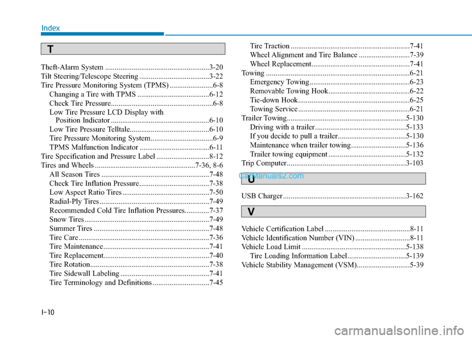 Hyundai Tucson 2019  Owners Manual I-10
Theft-Alarm System .......................................................3-20
Tilt Steering/Telescope Steering .....................................3-22
Tire Pressure Monitoring System (TPMS) ..