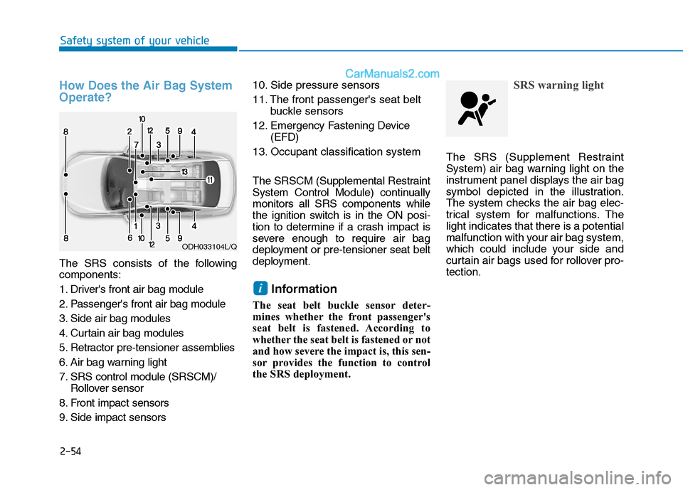 Hyundai Tucson 2019 Manual PDF 2-54
Safety system of your vehicle
How Does the Air Bag System
Operate?
The SRS consists of the following
components:
1. Drivers front air bag module
2. Passengers front air bag module
3. Side air Hyundai Tucson 2019 Manual PDF 2-54
Safety system of your vehicle
How Does the Air Bag System
Operate?
The SRS consists of the following
components:
1. Drivers front air bag module
2. Passengers front air bag module
3. Side air
