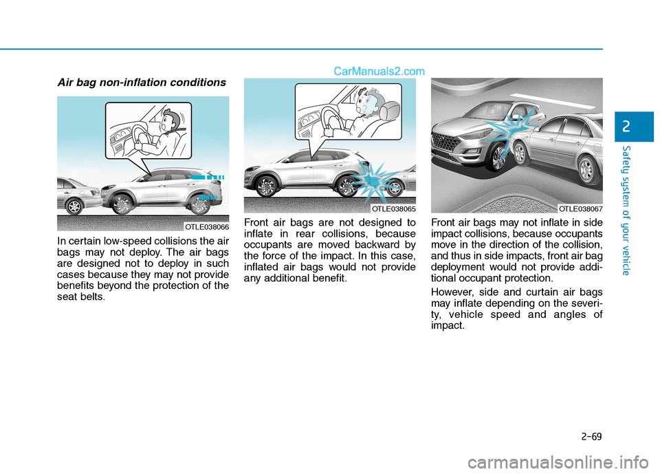 Hyundai Tucson 2019 Manual Online 2-69
Safety system of your vehicle
2
Air bag non-inflation conditions
In certain low-speed collisions the air
bags may not deploy. The air bags
are designed not to deploy in such
cases because they m Hyundai Tucson 2019 Manual Online 2-69
Safety system of your vehicle
2
Air bag non-inflation conditions
In certain low-speed collisions the air
bags may not deploy. The air bags
are designed not to deploy in such
cases because they m