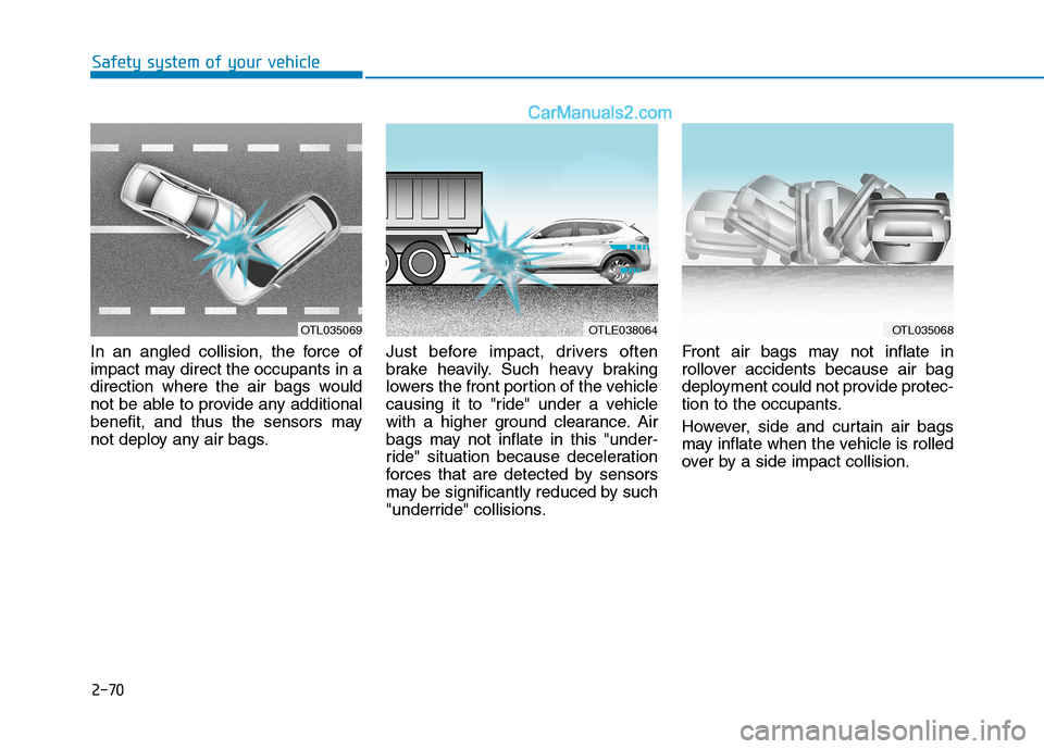 Hyundai Tucson 2019 Manual Online 2-70
Safety system of your vehicle
In an angled collision, the force of
impact may direct the occupants in a
direction where the air bags would
not be able to provide any additional
benefit, and thus Hyundai Tucson 2019 Manual Online 2-70
Safety system of your vehicle
In an angled collision, the force of
impact may direct the occupants in a
direction where the air bags would
not be able to provide any additional
benefit, and thus