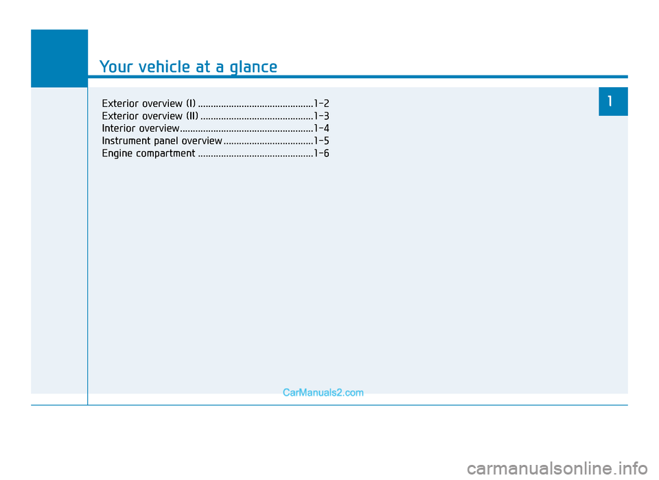 Hyundai Tucson 2019  Owners Manual - RHD (UK, Australia) Your vehicle at a glance
1
Your vehicle at a glance
1Exterior overview (I) .............................................1-2
Exterior overview (II) ............................................1-3
Inter