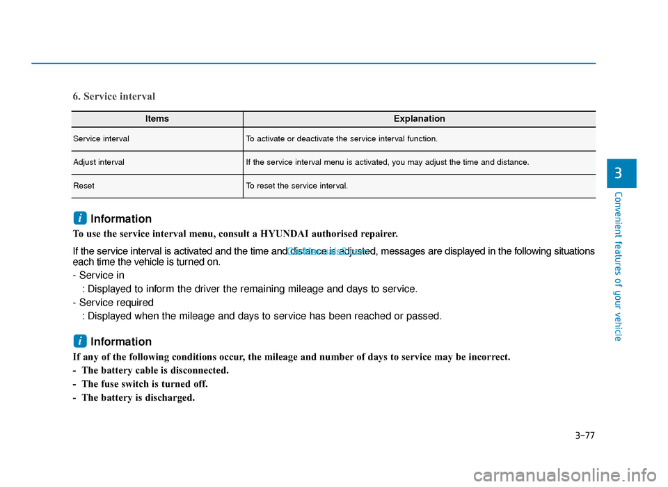 Hyundai Tucson 2019  Owners Manual - RHD (UK, Australia) 3-77
Convenient features of your vehicle
3
ItemsExplanation
Service intervalTo activate or deactivate the service interval function.
Adjust intervalIf the service interval menu is activated, you may a