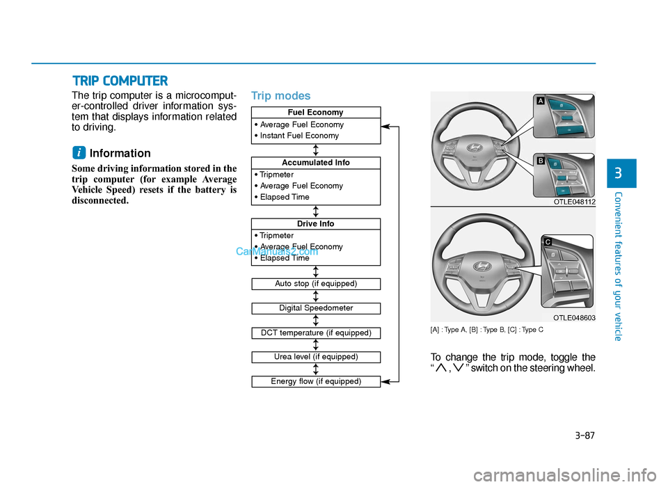 Hyundai Tucson 2019  Owners Manual - RHD (UK, Australia) 3-87
Convenient features of your vehicle
The trip computer is a microcomput-
er-controlled driver information sys-
tem that displays information related
to driving.
Information 
Some driving informati