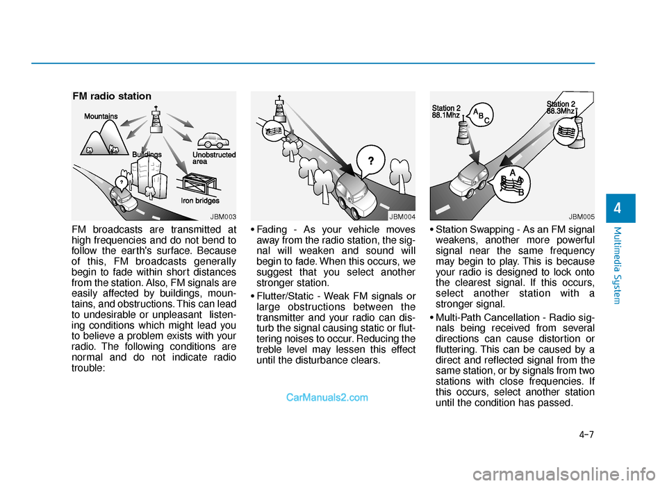 Hyundai Tucson 2019 Owners Manual - RHD (UK, Australia) 4-7
Multimedia System
4
FM broadcasts are transmitted at
high frequencies and do not bend to
follow the earths surface. Because
of this, FM broadcasts generally
begin to fade within short distances
f Hyundai Tucson 2019 Owners Manual - RHD (UK, Australia) 4-7
Multimedia System
4
FM broadcasts are transmitted at
high frequencies and do not bend to
follow the earths surface. Because
of this, FM broadcasts generally
begin to fade within short distances
f