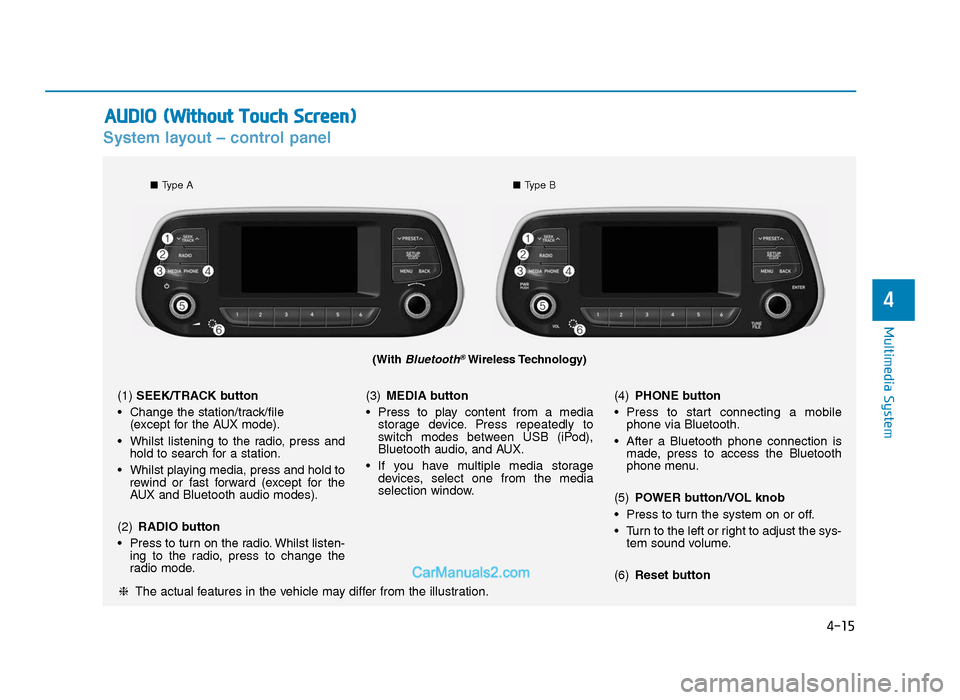 Hyundai Tucson 2019 Owners Manual - RHD (UK, Australia) 4-15
Multimedia System
4
System layout – control panel
(With Bluetooth®Wireless Technology)
❈The actual features in the vehicle may differ from the illustration.
(1) SEEK/TRACK button
• Change Hyundai Tucson 2019 Owners Manual - RHD (UK, Australia) 4-15
Multimedia System
4
System layout – control panel
(With Bluetooth®Wireless Technology)
❈The actual features in the vehicle may differ from the illustration.
(1) SEEK/TRACK button
• Change