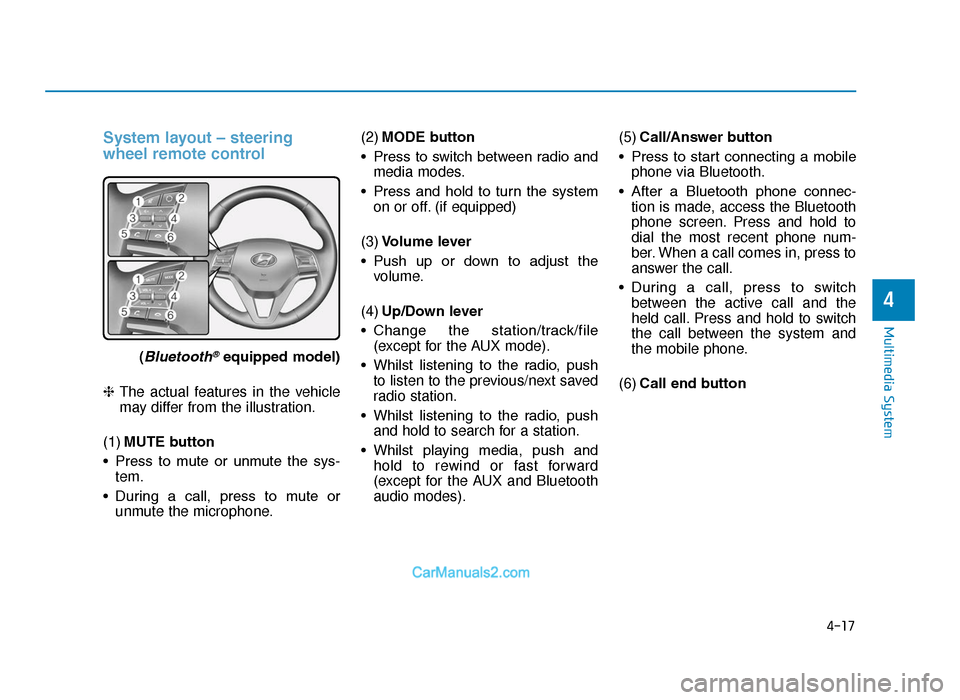 Hyundai Tucson 2019  Owners Manual - RHD (UK, Australia) 4-17
Multimedia System
4
System layout – steering
wheel remote control
(Bluetooth®equipped model)
❈ The actual features in the vehicle
may differ from the illustration.
(1) MUTE button
• Press 